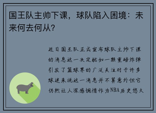 国王队主帅下课，球队陷入困境：未来何去何从？