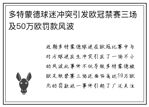 多特蒙德球迷冲突引发欧冠禁赛三场及50万欧罚款风波