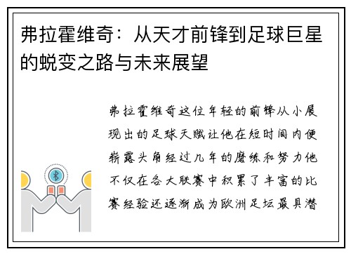 弗拉霍维奇：从天才前锋到足球巨星的蜕变之路与未来展望