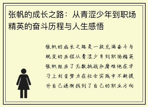 张帆的成长之路：从青涩少年到职场精英的奋斗历程与人生感悟